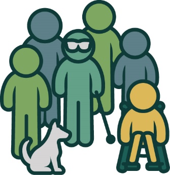 A group of people and a dog. One person is in a wheelchair and another person is wearing glasses and holding a long cane.