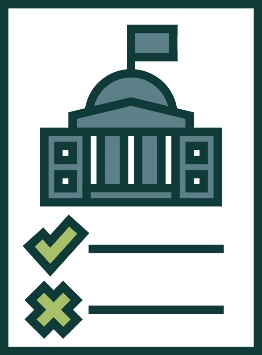 A policy document that shows a government building above a list. Next to the list items are a tick and cross.