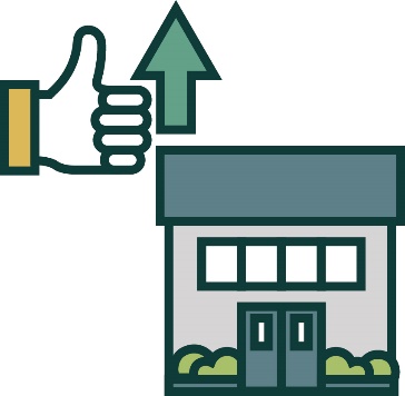 A thumbs up next to an arrow pointing up. Below the thumbs up is a building.