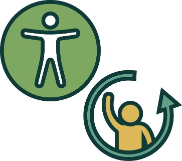 An accessibility icon next to an arrow curving around a person raising their hand.