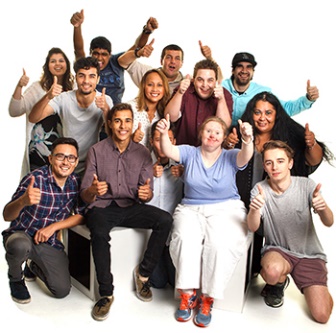 A group of people, sitting together and cheering