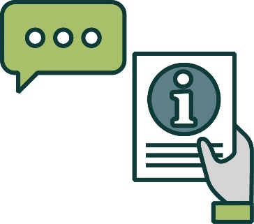 A speech bubble and a hand holding a document with an information icon.