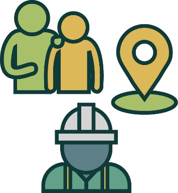 A person supporting another person next to a location icon. Below them is a worker wearing a hard hat.