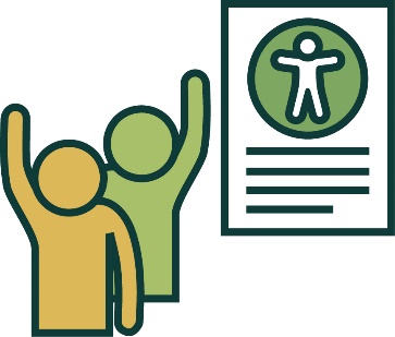 2 people raising their hands next to a document that shows an accessibility icon.